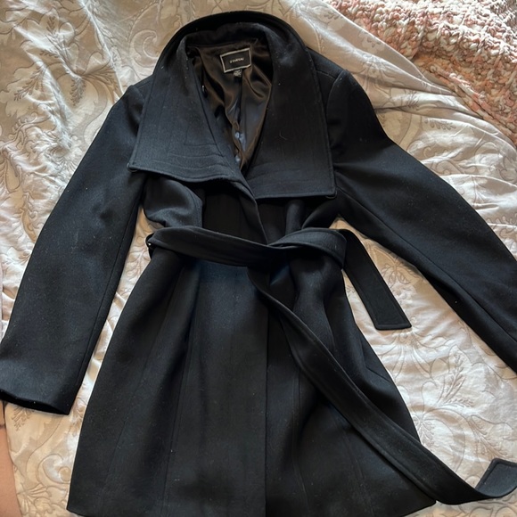 Large black pea coat with belt knee trouser length great condition!wool blend - Picture 1 of 4